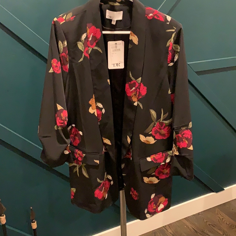 DR2 Women's Black Blazer with Red and Green Floral Pattern